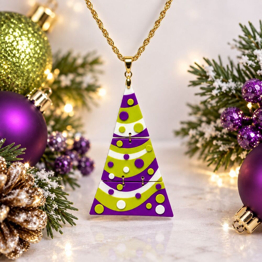 Handmade Purple & Lime Green Nordic Christmas Tree Polymer Clay Pendant Necklace
